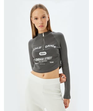 Rits gedetailleerd Pigment afdruk College Slim zonder zak Crop lengte Raglan mouw Lange mouw Rechte kraag Tshirt