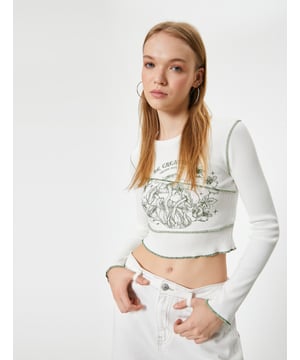 Met drukwerk Pigment afdruk Paddestoel Slim zonder zak Crop lengte Lange mouw Ronde kraag Tshirt