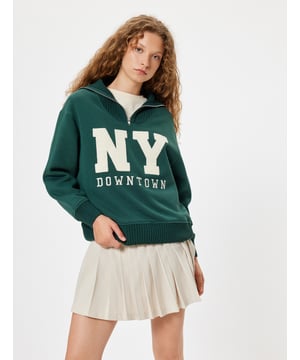 -Softshell -Mit Stickerei -Suzani-Stickerei -College -Relax -Zip Up -Ohne Tasche -Normale Länge -Langärmelig -Halbreißverschluss -Sweatshirt