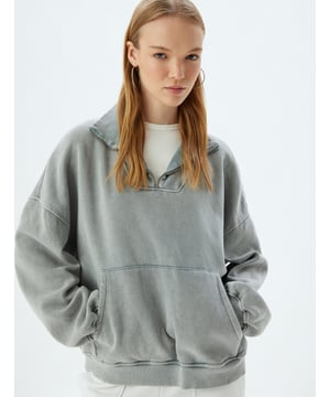 -Gewaschen -Relax -Kängurutasche -Normale Länge -Reglan- Ärmel -Langärmelig -Halbreißverschluss -Sweatshirt