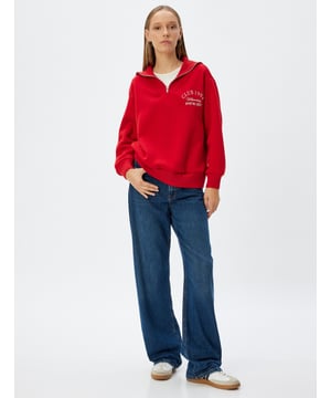 -Softshell -Mit Aufdruck -Suzani-Stickerei -College -Regular -Ohne Tasche -Normale Länge -Langärmelig -Halbreißverschluss -Sweatshirt