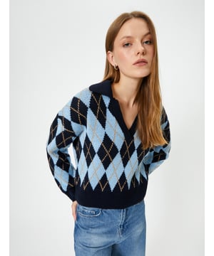 -Mit Jacquard -Oversize -Boxy -Ohne Tasche -Normale Länge -Langärmelig -Polokragen -Sweater
