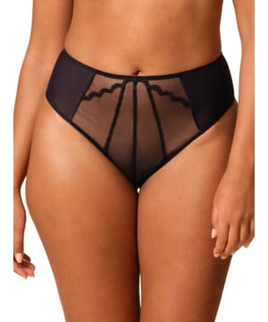 Gossard Obsession Deep Brief. High waist brief with full coverage, sheer mesh, scalloped embroidery trim and a soft brushed mesh design. The product is recommended for gentle wash only.