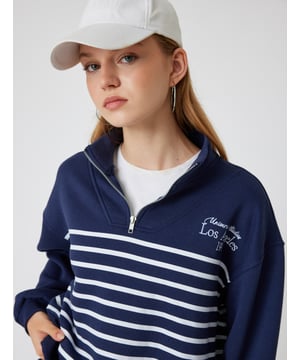 -Softshell -Gestreift -Wickelstickerei -College -Relax -Ohne Tasche -Normale Länge -Reglan- Ärmel -Langärmelig -Halbreißverschluss -Sweatshirt