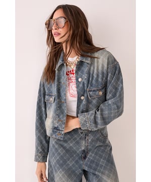Distinctive check pattern denim jacket with trendy distressed detailing
        Cropped silhouette with classic collar and button-through front
        Practical chest pockets with button flap closures
        Vintage-inspired wash with deliberate fading for an authentic lived-in look
        Versatile piece that pairs perfectly with the matching wide-leg trousers for a coordinated set
    
    Make a statement with this eye-catching Check Denim Distressed Jacket from NastyGal. The striking check pattern combined with carefully placed distressing creates a bold yet wearable piece that stands out from standard denim offerings. Style it as seen with the matching wide-leg trousers and a graphic crop top for a fashion-forward daytime ensemble, or throw it over a simple slip dress with trainers for an effortless weekend look. The cropped length works brilliantly with high-waisted bottoms, while the classic denim construction ensures this jacket will become a wardrobe staple. Perfect for transitional weather, this versatile piece can be layered over a jumper when temperatures drop or worn with a simple tee for warmer days. From casual coffee dates to evening drinks, this jacket offers endless styling possibilities for your day-to-night wardrobe.