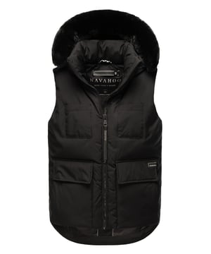 Die Damen-Winterweste Zimthäschen von Navahoo kombiniert modisches Design mit funktionalen Details. Ein weich gefütterter, hochstehender Kragen sowie eine große, abnehmbare Kapuze mit Kunstfellkragen schützen zuverlässig vor Wind und Kälte. Die weiche Wattierung sorgt für hohen Tragekomfort, während praktische Taschen zusätzlichen Stauraum bieten. Erhältlich in 5 Farben und Größen S–XXL.