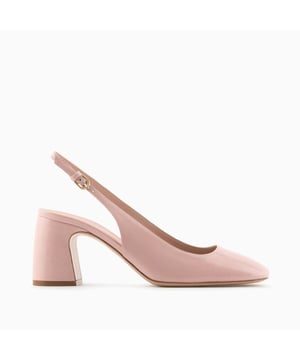 Soft  round-toed slingback court shoes made of patent leather with a comfortable heel matching the upper.