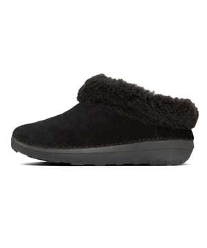 Womens FitFlop Loaff II Snug Slippers in black- Light pressure-diffusing Microwobbleboard midsole - triple-density cushioning follows 3 footstep stages (firm heel-soft middle-medium at toes) - Average to wide feet- Microfibre-lined suede uppers with shearling collar and supercozy shearling-lined footbed with a seamless built-in arch contour- Lightweight  slip-resistant sole with hardwearing rubber pods - These shoes have been granted the APMA* Seal of Acceptance  for footwear found to promote good foot healthRef: BO8-090