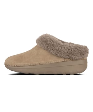 Womens FitFlop Loaff II Snug Slippers in timberwolf- Light pressure-diffusing Microwobbleboard midsole - triple-density cushioning follows 3 footstep stages (firm heel-soft middle-medium at toes) - Average to wide feet- Microfibre-lined suede uppers with shearling collar and supercozy shearling-lined footbed with a seamless built-in arch contour- Lightweight  slip-resistant sole with hardwearing rubber pods - These shoes have been granted the APMA* Seal of Acceptance  for footwear found to promote good foot healthRef: BO8-326