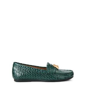 This Kurt Geiger Brixton Moccasin is a dark green 3D snake embossed loafer. There is a brushed gold padlock detail on the front toe.