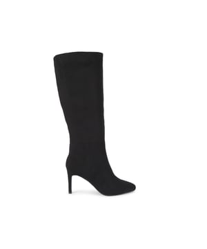 This KG Kurt Geiger Treasure is a knee boot crafted from a black microsuede. The heel is in a stiletto style and there is a small elasticated panel at the top of the ankle for flexibility. Heel height: 7.5cm.