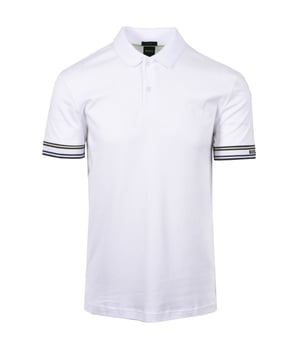 Boss Green Polo Zone Polo Shirt in White This classic white polo shirt offers a clean and versatile look for any casual occasion. Crafted from comfortable cotton, it features short sleeves and a two-button placket for a timeless design. Subtle tipping detail on the sleeves adds a touch of distinction, complemented by signature BOSS branding. It's regular fit provides a comfortable and relaxed silhouette. Features Short sleeves Two-button placket Tipping detail on sleeves BOSS branding 100% Cotton Fit: Regular Style: 5054448/100