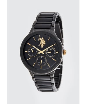 Multifunctionele beweging (hoge precisie) 40mm metalen kast met zwarte plating Zwarte hars bezel Zwarte wijzerplaat met patroon en gele gouden indexen RVS kroon / RVS achterkant Hoge weerstand mineraalglas Metalen band met zwarte plating, zwarte hars schakels en RVS persoonlijke sluiting Waterbestendig tot 3 ATM
