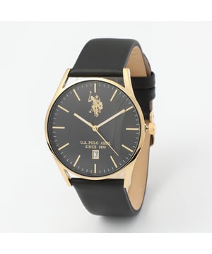 Quartz beweging (hoog precisie)                    40mm metalen slanke behuizing met gele gouden plating                                             Metalen bezel met gele gouden plating                                                             Zwarte sunray wijzerplaat met gele gouden indexen                                                                           RVS kroon / RVS achterkant                                Hoog weerstand mineraalglas                                     Zwarte kalfslederen band met RVS persoonlijk gesp                                                               Waterdicht tot 3 ATM