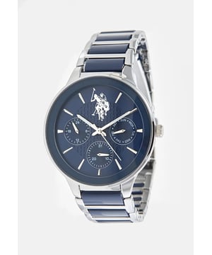 Multifunctionele beweging (hoge precisie) 40mm metalen kast  Donkerblauwe hars bezel  Donkerblauwe wijzerplaat met patroon en zilveren indexen  RVS kroon / RVS achterdeksel  Hoge weerstand mineraalglas  Metalen band met donkerblauwe hars schakels en RVS persoon. gesp  Waterdicht tot 3 ATM