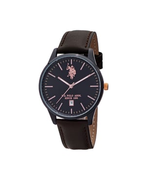 Kwartsbeweging (hoge precisie) 42 mm metalen kast met zwarte plating Zwarte zonnestralen-dial met aangebrachte indexen Roestvrijstalen kastdeksel / Roestvrijstalen kroon Hoogwaardige mineralen glas D. Bruine kalfslederen band met gepersonaliseerde roestvrijstalen gesp Waterbestendig 3 ATM
