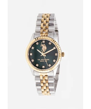 Quarzwerk (hohe Präzision)                      30 mm Edelstahlgehäuse                                   Gelbgold beschichtete Edelstahl-Lünette  Dunkelgrünes Sonnenschliff-Zifferblatt                                                                Edelstahlkrone / Edelstahl-Gehäuseboden                               Hochbeständiges Mineralglas                           Edelstahlband mit gelbgold beschichtetem Mittelglied und Edelstahl-Schließe         Wasserdicht bis 5 ATM