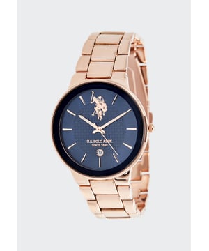 Kwartshorloge (hoge precisie) 40 mm metalen kast met roségoud plating Blauwe hars bezel D.Blue wijzerplaat met patroon en roségouden indexen RVS kroon / RVS caseback Hoogwaardige mineraalglas Metalen band met roségoud plating en RVS persoonlijke sluiting Waterbestendig tot 3 ATM