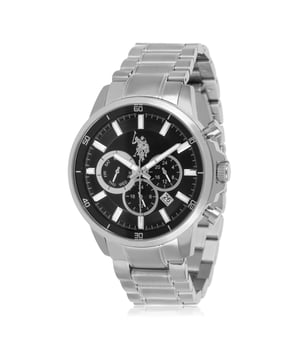 Chronograaf beweging (hoge precisie) 42mm roestvrijstalen kast Roestvrijstalen bezel met IP zwarte plating Zwarte wijzerplaat met zilveren details en luminos Roestvrijstalen achterkant / Roestvrijstalen kroon Hoogwaardige mineraalglas Rhodium-plated roestvrijstalen band met gepersonaliseerde roestvrijstalen gesp Waterbestendig 5 ATM