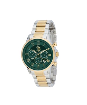 Chronographenwerk (hohe Präzision) 42mm Gehäuse aus Edelstahl mit Gelbgold-Beschichtung Edelstahl-Lünette mit IP Gelbgold-Beschichtung Dunkelgrünes Sonnenschliff-Zifferblatt mit Gelbgold-Details Edelstahl-Gehäuseboden / Edelstahl-Krone Hochgradig widerstandsfähiges Mineralglas Rhodium- und Gelbgold-beschichtetes Edelstahlband mit personalisierter Edelstahl-Schließe Wasserresistent bis 5 ATM