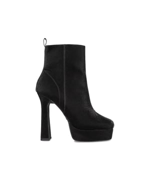 The KG Kurt Geiger Simmy is a platform ankle boot with a black snake embossing across the upper. There is a zip on the inner side and branded KG Kurt Geiger tab at the back of the ankle. Heel height: 13.5cm  Platform height: 3cm Pitch height: 10.5cm.