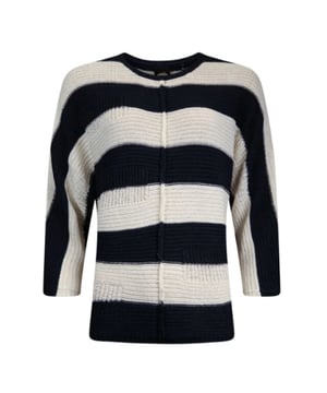 
POOOLS PULLOVER 513233 
65% ACRYL, 35% POLYAMIDE 
PULLOVER 
RONDE HALS 
7/8 VLEERMUISMOUWEN 
STREEPDESSIN 
NAVY/ECRU 
GROVER BREISEL 
BUITENGEKEERDE NADEN 
VALT NORMAAL VAN MAAT 
PRODUCTCODE: 513233