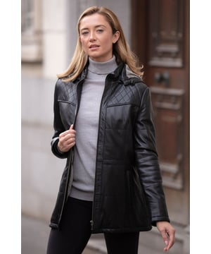 The Molly Leather Jacket from Ashwood Leather combines sumptuous craftsmanship with practicality, offering durability and warmth from Ashwood's comfort range. Made from 100% genuine leather in a slim fit, it features a detachable leather hood lined with material fur, complete with cord and toggle detailing for an adjustable fit. The jacket boasts diamond-stitched detailing on the front and rear top, a front zip closure, and two side hand-warmer pockets, all fully lined to provide protection against the elements. Available in a vintage wash and hand-waxed effect in tan and brown, or a traditional smooth black finish, this must-have piece embodies Ashwood's expertise and reputation in leather fashion, making it a proud addition to Leather Company's collection.