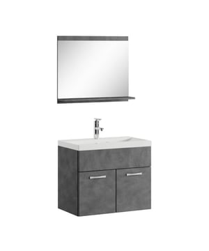 
Badkamermeubel set Montreal inclusief wastafel en spiegel. Deze set geeft iedere badkamer, groot of klein, extra bergruimte en een moderne en luxe uitstraling. Vanwege zijn strakke afwerking is het meubel gemakkelijk schoon te maken. De set is uitgevoerd in donker grijs en is gemakkelijk te monteren. De kast is gemaakt van spaanplaat en de wastafel van kunstmarmer.Afmetingen (b x d x h)Onderkast met wastafel: 60 x 35 x 51 cmSpiegel: 60 x 12 x 50 cmKenmerken- De wastafelkast is uitgevoerd met twee deuren- Het badkamermeubel is aan de muurzijde volledig open voor het aansluiten van de afvoer- De onderkant is volledig gesloten- Geen afvoerplug, sifon of kraan inbegrepen- Inclusief overloop set- Zonder soft close sluitingVerpakking en montageHet badkamermeubel Montreal 02 is verpakt in 1 doos. Bevestigingsmateriaal voor het ophangen van de Merk: Badplaats Kleur: Grijs