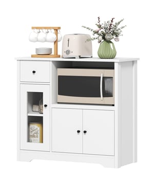 
Deze keukenkast beschikt over een breed oppervlak en een open vak met kabeldoorvoer, ideaal voor magnetrons of andere apparaten. Pannen en potten passen perfect in de twee kasten van het dressoir, en bestek vindt zijn plek in de lade. De kast met doorzichtige deur heeft een verstelbaar rek waardoor het opbergen van voorwerpen van verschillende hoogtes mogelijk is en biedt snel overzicht zonder dat de deur geopend hoeft te worden.Omschrijving:· De ruime bovenkant biedt plaats voor het uitstallen van decoraties· Groot vak met kabelgat maakt het opstellen van kleine keukenapparaten makkelijker· Twee kasten verbergen potten en pannen en verminderen rommel· De lade van de keukenkast sorteert bestek en servies netjes· Driedelig verstelbare schap van de opbergkast aan de binnenkant· Doorzichtige acryl deur· Kipbeveiligingsriemen verhogen de veiligheid tijdens gebruik· Montage vereistTechnische specificaties:· Kleur: Wit· Materiaal: Spaanplaat· Totale afmetingen: 80B x 35D x 72,2H cm· Binnenafmeting lade: 19,5B x 23,8D x 10,4H cm· Open vak grootte: 48B x 31,5D x 29,1H cm· Binnenafmeting kast: 23,9B x 31,4D x 46,6H cm (enkele deur), 48B x 31,4D x 31,3H cm (dubbele deur)· Hoogte van de vloer: 6,2 cm· Belastbaarheid: 40 kg (totaal), 5 kg (bovenkant/lade/schap) - Afmeting: - Kleur: Wit - Materiaal: Spaanplaat