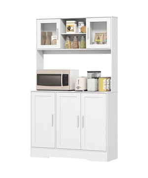 
Deze keukenkast van HOMCOM biedt vier kasten in verschillende groottes, twee open vakken en een ruim werkblad om de ruimte elegant te benutten. De verstelbare planken van de onderste kast zijn ideaal voor uw opbergbehoeften en het elegante Scandinavische design van de vitrinekast in stralend wit met zilveren handvatten geeft elke ruimte een vleugje verfijning.Belangrijke kenmerken:· Vier kasten, twee open vakken en een ruime werkblad van het keukenbuffet voldoen aan verschillende opbergbehoeften· Zes niveau's verstelbare planken voor flexibele opslag· Scandinavisch design en schone witte afwerking· Glazen deuren van de magnetronkast beschermen tegen stof aan de binnenkant· Gemaakt van MDF en spaanplaat· Anti-kantelset van de multifunctionele kast inbegrepen, voor veiligheid en stabiliteitTechnische specificaties:· Kleur: Wit· Materiaal: Spaanplaat, MDF, gehard glas· Totale afmetingen: 108B x 35D x 180H cm· Grootte van de bovenkast: 33B x 16D x 38,5H cm (elk)· Grootte van de onderkast: 34B x 28,8D x 72H cm (enkele deur), 69B x 28,8D x 72H cm (dubbele deur)· Grootte van het open vak: 36,5B x 16D x 19H cm (elk)· Grootte van het werkblad: 108B x 33D x 52,5H cm· Draagvermogen: 50 kg (totaal), 20 kg (werkblad), 10 kg (onderplank), 5 kg (plank)De kast wordt geleverd in 2 dozen - Afmeting: - Kleur: Wit - Materiaal: Spaanplaat