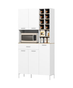 
Ervaar de charme en functionaliteit van deze Keukenkast. Dit keukenbuffet biedt drie ruime kasten en twee open schappen – perfect om uw basisbenodigdheden op te bergen en decoratieve elementen te presenteren. Dankzij een slim ingebouwde lade en een wijnrek voor acht flessen is stijlvolle organisatie mogelijk. Geschikt voor elke moderne keuken!Kenmerken:· Drie kasten, open schappen en een lade van de magnetronkast vergroten de opbergmogelijkheden· Acht-vak wijnrekken ordenen en presenteren de wijncollectie· Bovenblad met kabeldoorvoer houdt apparaten netjes en binnen handbereik· Drie-niveau verstelbare planken van de multifunctionele kast passen de opslag aan op de behoeften· Kantelbeveiligingen en verstelbare voetjes verhogen de veiligheid en stabiliteit· Soft-Close scharnieren van de vitrinekast zorgen voor een stille en zachte toegang· Twee-kleurig ontwerp past perfect bij de moderne keukenesthetiekTechnische specificaties:· Kleur: Wit· Materiaal: MDF· Totale afmetingen: 90B x 35D x 183H cm· Binnenafmetingen van de bovenkast: 56,7L x 31,3B x 25,4H cm (elk plank)· Bovenbladafmetingen: 56,7L x 32B x 34H cm· Afmetingen wijnrek per vak: 13,6L x 31,3B x 12,4H cm· Afmeting open schap: 28,5L x 31,3B x 12H cm· Binnenafmetingen lade: 51,9L x 28,7B x 8H cm· Binnenafmetingen van de onderkast: (links) 56,7L x 31,3B x 30,6H cm (elk plank), (rechts) 28,5L x 31,3B x 25,5H cm (elk plank)· Hoogte van de bodem: 12 cm· Belastbaarheid: 80 kg (totaal), 10 kg (bovenblad), 5 kg (lade/plank) - Afmeting: - Kleur: Wit - Materiaal: MDF