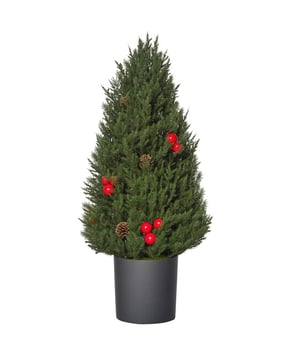 
Onze prachtige kerstboom van HOMCOM is een geweldig alternatief voor conventionele bomen, omdat ze weinig onderhoud vergen. Deze hoge boom heeft een perfecte boomvorm en volle en realistische kunststof naalden. Met rode bessen en dennenappels, zal deze kleine tafelkerstboom dit jaar en de komende jaren zeker een in het oog springend decoratief element zijn voor de kerstversieringen van je gezin.Omschrijving:47 cm hoge, realistische kunstkerstboomMet 7 rode bessen, 6 dennenappelsRealistisch 170 cipres takken van plasticGemaakt van unieke spuitgiettechnologie voor een levensechte lookDe kleine kerstboom is perfect als blikvanger op een tafel, schoorsteenmantel of bureauGrijze cilindrische kunststof voet met bloempot voor betere stabiliteitDe takken zijn vlamvertragend om de veiligheid te garanderenDeze mini kerstboom is voorgemonteerd om je montagetijd te besparenTechnische specificaties:- Kleur van de boom: groen- Materialen: PE, PVC- Afmetingen: Ø27 x 47 H cm- Aantal takpunten: 170 - Afmeting: 47 cm - Kleur: Groen - Materiaal: Polyethyleen/polyvinylchloride
