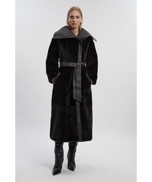 Reversible Shearling & Leather High Collar Maxi Coat
