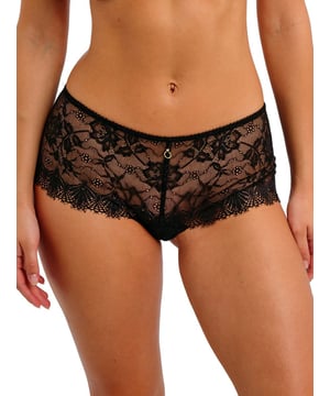 Freya Fascinate Short. Mid rise short brief with moderate coverage, decorative eyelash edge lace, decorative mesh detailing, a scallop lace back and metallic ring detailing. Product is hand wash only.