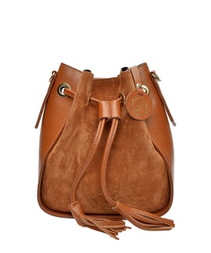 Emmer tas  
100% koeienleer en suede  
Trekkoordsluiting met kwastje detail  
Binnenzak  
Goudkleurige oogjes en hardware  
Afmetingen: 22,5 x 19,5 x 10,5 cm  
Schouderriem: 120 cm verstelbaar en afneembaar  