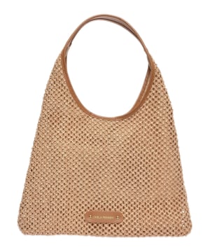 Strandtasche  
100% Stroh  
Magnetverschluss oben  
Innentaschen  
Maße: 28x37 cm  
Henkel: 45 cm