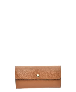 Portemonnee  
100% koeienleer  
Flap met drukknoopsluiting  
Meerdere kaartsleuven, biljetcompartimenten en een interne ritsmuntzak  
Contrasterende rode voering  
Afmetingen: 8,5 x 18,5 x 3 cm