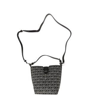 The DKNY Taira Bucket Bag Logo is a stylish and practical handbag designed for women. Made of faux leather with a grey exterior and black logo  this medium-sized bag features a fold-over strap with a magnetic snap-button closure for secure access. The top handle design with a 4-inch drop makes it easy to carry  while the interior fabric lining is suitable for everyday use. Additionally  this bucket bag includes a zip pocket and other pockets for organization.