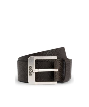 Mens BOSS Jemio-Gr Logo Buckle Belt in Italian Leather in dark brownA 4cm belt crafted in grained Italian leather by BOSS Menswear. This accessory secures with a logo-detail buckle for signature appeal. For the best fit  we advise ordering a belt one size larger than your waist size.- Grainy Italian cow leather- American silver metal hardware- Engraved logo on closure- Partially lined- Width: 4cm- Main material: 100% Cow hide leather- Ref: 50537064-202