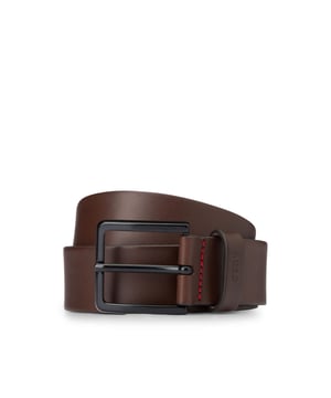 Mens HUGO Gionio Italian Leather Belt with Logo Stamped Keeper in dark brownA 4cm belt made in tanned Italian leather with a logo stamped into the leather keeper by HUGO. For the best fit  we advise ordering a belt one size larger than your waist size.- Rich vegetable tanned Italian cow leather belt- Matte gunmetal hardware- Partially lined- Exterior embossed logo- Width: 4cm- Main material: 100% Cow hide leather.- 50385358-202