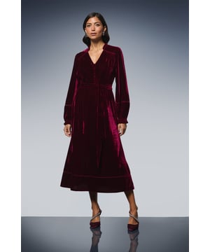 Velvet Tie Belt Button Down Midi Dress
