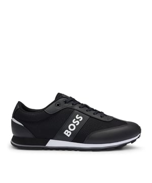 Mens BOSS Parkour Mixed Material Trainers with Branding and Mesh in blackSportive trainers crafted in a combination of materials including mesh by BOSS  detailed with contrast branding at the side panel. Textile and synthetic upper  Textile lining  Synthetic soleRef: 50503863-001