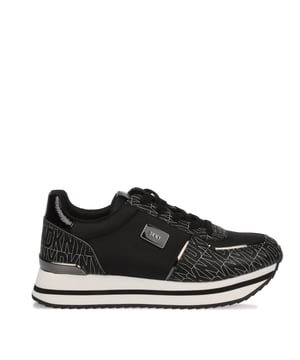 They feature a black and white design with a printed logo pattern and a platform wedge sole. Lace up fastening.Lightly padded insole.Rubber sole.