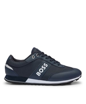 Mens BOSS Parkour Mixed Material Trainers with Branding and Mesh in dark blueSportive trainers crafted in a combination of materials including mesh by BOSS  detailed with contrast branding at the side panel. Textile and synthetic upper  Textile lining  Synthetic soleRef: 50503863-401