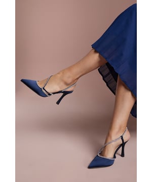 Kimmie Satin Diamante Asymmetric Strap Pointed High Stiletto Heel Court Shoes