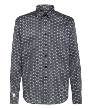 Dit shirt van stretchkatoenen popeline met iconische leeuwen- en monogramprint past perfect bij zowel een jasje als een jeans. Kleine bladkraag, model: Milano. Parelmoer, vierkante knopen. Pasvorm: Goud/Regular.