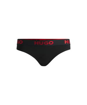 Womens HUGO Logo-waistband thong briefs in stretch cotton in blackRegular-rise thong briefs by HUGO. Crafted in organic cotton with stretch  this pair has repeat branding around the waistband.- Exposed waistband- Regular rise- 93% Cotton  7% Elastane.  Machine washable.- Ref: 50469651-001We regret that underwear is non-returnable due to hygiene reasons.