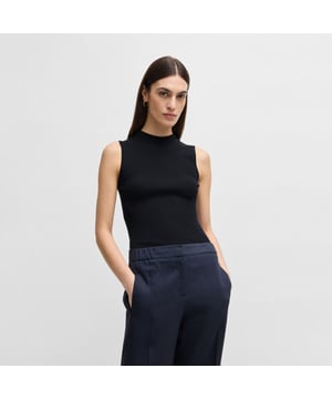 Womens BOSS Feskies Ribbed Top with Mock Neckline in dark blue.A sleeveless top with a mock neck by BOSS Womenswear. This slim-fitting design is crafted in more responsible ribbed fabric with a breathable feel.- Slim fit- Mock neck- Sleeveless- Fine rib knit- Standard length- Fit back length: 60cm- 76% Viscose  24% Polyamide.  Hand wash - Dry clean.- Ref: 50473237-404