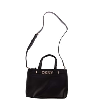 Top handle and adjustable strap.Multiple compartments  with a zippered one in the middle.Gold-colored hardware  including the DKNY logo on the front.