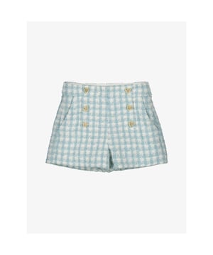 
Tweed short in de kleur aqua blauw van het Spaanse merk Abel&Lula. De short met ruit print heeft een ritssluiting, steekzakken en goudkleurige sierknopen.
